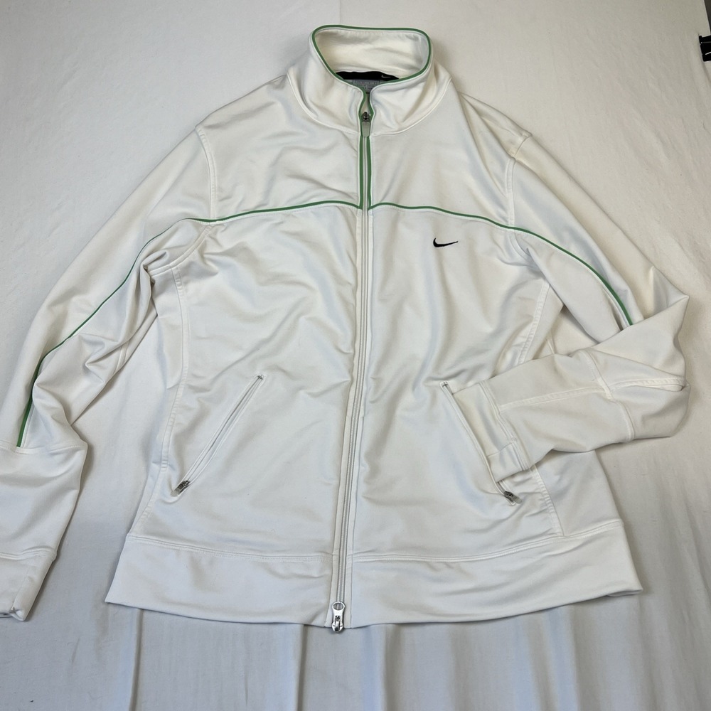 Nike Womens Track Jacket White Green Piping Full Zip Mock Neck Large L RN 56323